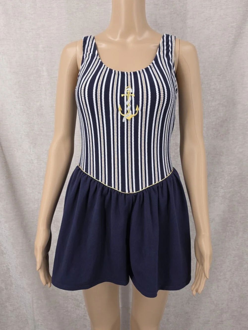 Vintage Navy Striped Anchor One-Piece Shorts Romper or Swimsuit Nautical